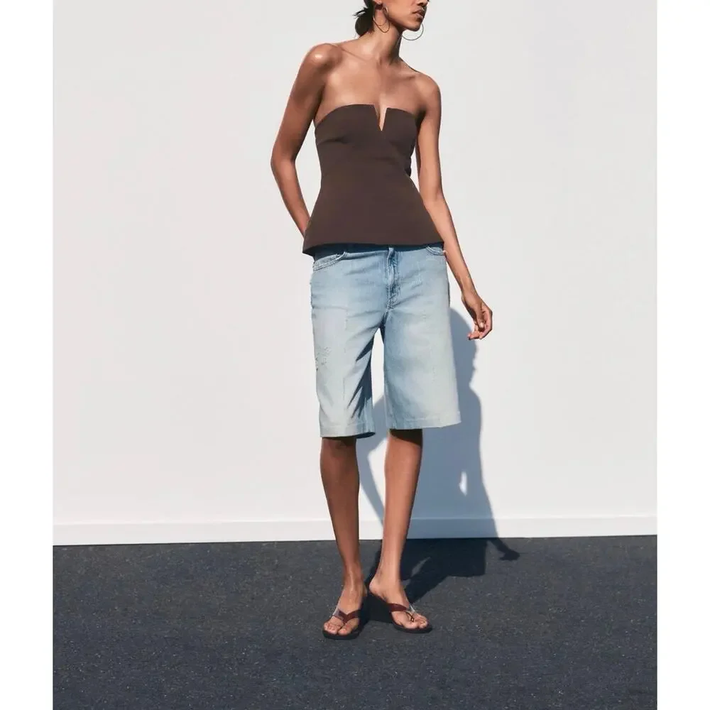 Zara Linen-Look Strapless Bandeau Top in Dark Brown Size Large 4661/052/700 - Picture 9 of 11